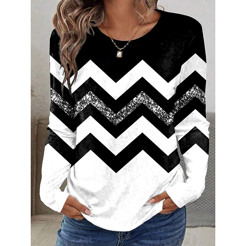 Women's T shirt Crew Neck Long Sleeve Tunic Graphic Geometric Striped Vintage Stylish  Round Neck Regular Tops Daily Print Black and White Fall