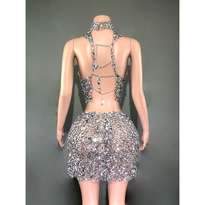 Two-piece Rhinestone Embellished High-neck Mini Dress for Singer Dancer Stage Wear Party Carnival Outfit3