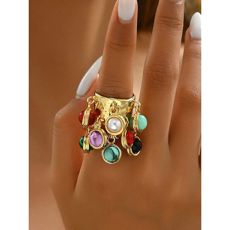 Women's Gold Chunky Ring with Colorful Charms - Boho Statement Cocktail Jewelry for Parties and Festivals3