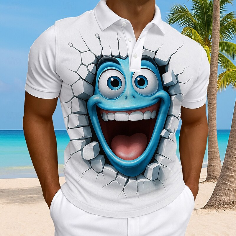 Men's Cartoon Funny Smile Face Polo Short Sleeve Polo Shirts Collared Shirts Casual Athleisure Daily Wear 3D Print Buttons Summer Yellow Red Blue