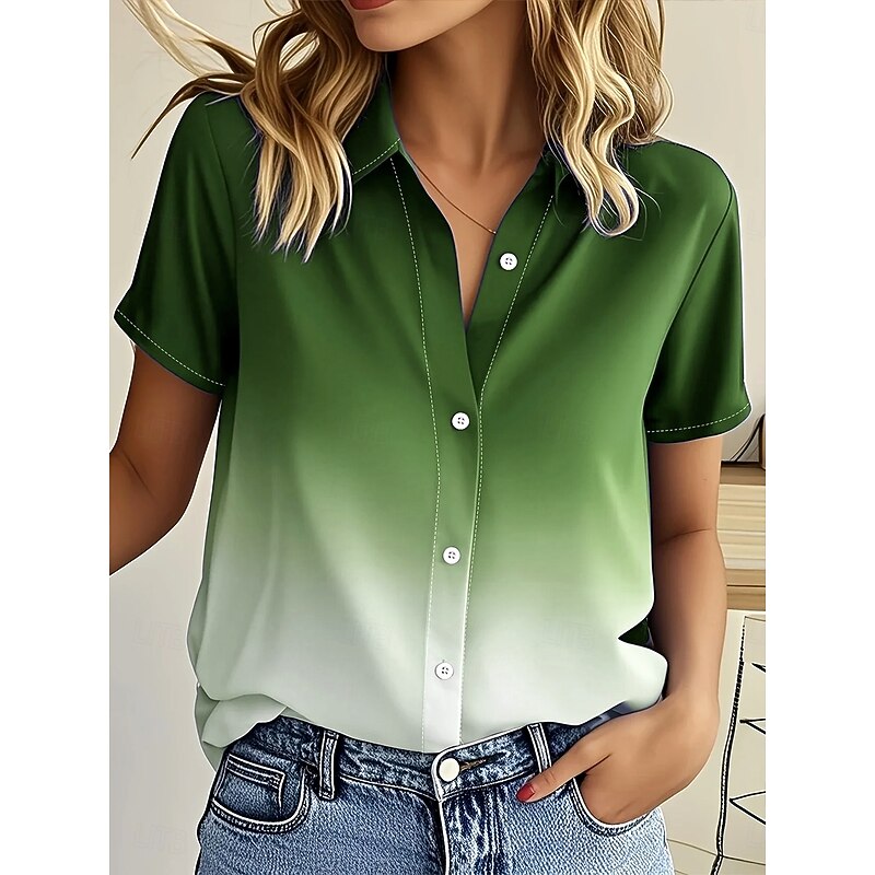 Women's Shirt Long Sleeve Button Down Blouse Solid Color Ombre Graphic Vintage Tropical Daily Short Sleeve Shirt Collar Regular Tops Daily Light Green Blue Purple Summer Fall4