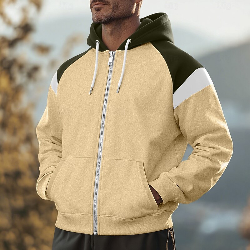 Men's Hoodie Full Zip Hoodie Fleece Hoodie Black Red Navy Blue Beige Gray Hooded Plain Patchwork Zipper Sports & Outdoor Casual Daily Streetwear Cool Sportswear Spring &  Fall Clothing Apparel Hoodies2