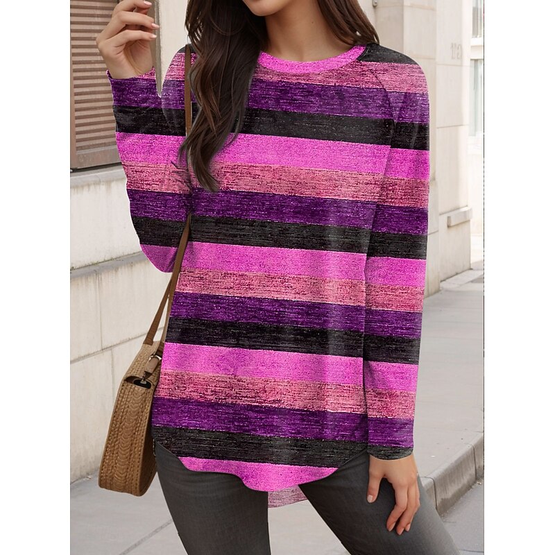 Women's T Shirt Graphic Striped Vintage Fashion Stylish Long Sleeve Crew Neck Regular Tops Daily Weekend Print Pink Blue Orange Green Spring Fall3
