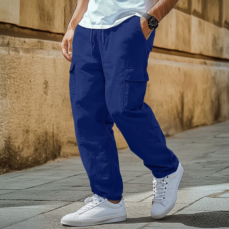 Men's Trousers Summer Pants Beach Pants Gauze Pants Elastic Waist Drawstring Multi Pocket Plain Comfort Soft Full Length Outdoor Daily Holiday Fashion Classic Style Black White Micro-elastic2