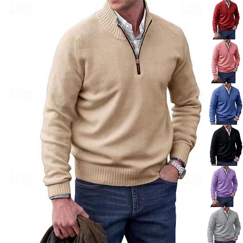 Men's Pullover Sweater Jumper Ribbed Knit Regular Tops Zip Up Knitted Plain Stand Collar Knitwear Modern Contemporary Casual Daily Wear Clothing Apparel Fall Winter Deep Purple Camel M L XL