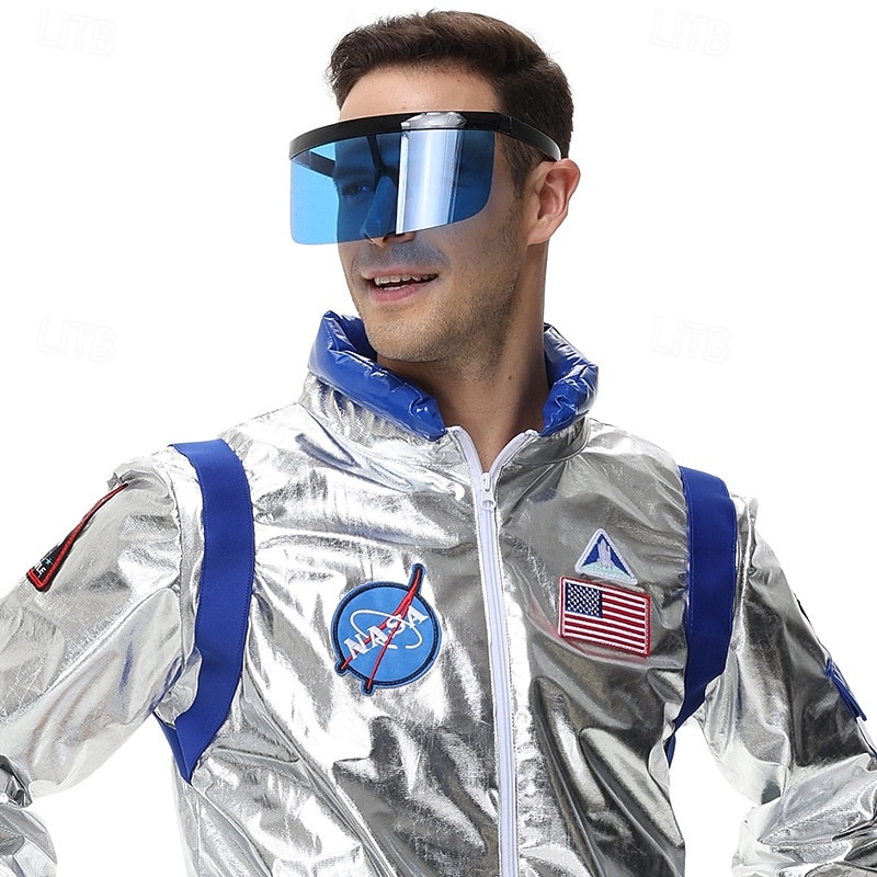 Couples Astronaut Costume Jumpsuit Carnival Costume Onesie with Mask Group Costumes Silver Space Suit for Men Women with Embroidered Patches2