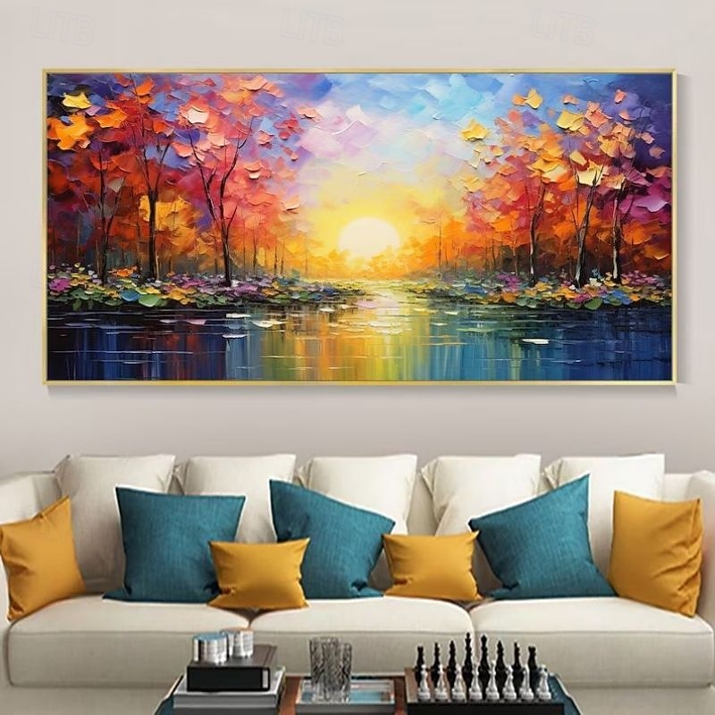 Handmade Oil Painting Canvas Wall Art Bright New Decoration Forest Sunrise Landscape for Home Decor Rolled Frameless Unstretched Painting