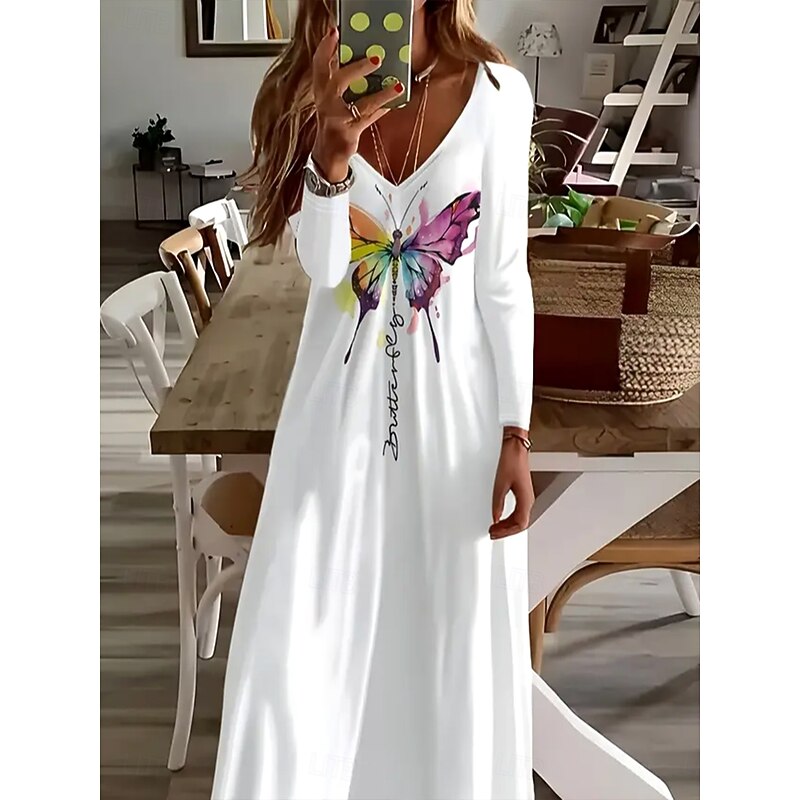Women's Maxi long Dress White Dress Casual Dress A Line Dress Stylish Casual Holiday Loose Fit Graphic Butterfly Long Sleeve V Neck White Spring Fall Winter2