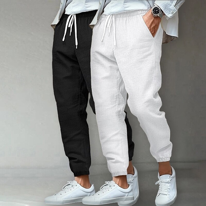 Men's Linen Pants Trousers Summer Pants Beach Pants Casual Pants Pocket Elastic Waist Solid Color Comfort Breathable Full Length Outdoor Home Daily Vacation Classic Style Light Khaki+Black Light3