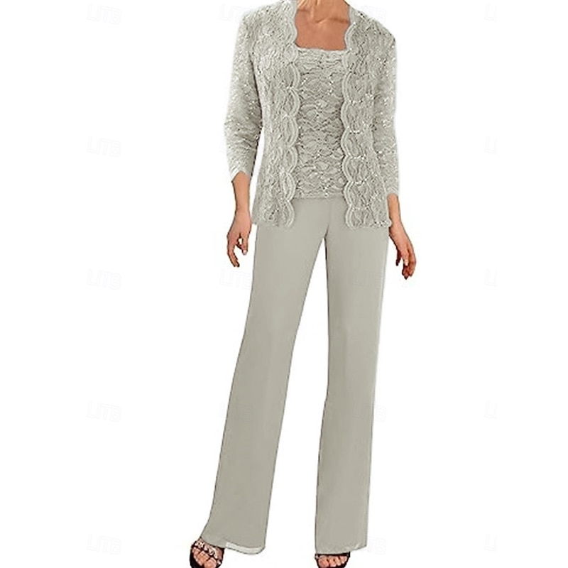 Pantsuit Mother of the Bride Dress Wedding Guest Elegant Simple Square Neck Floor Length Polyester 3/4 Length Sleeve with Solid Color4