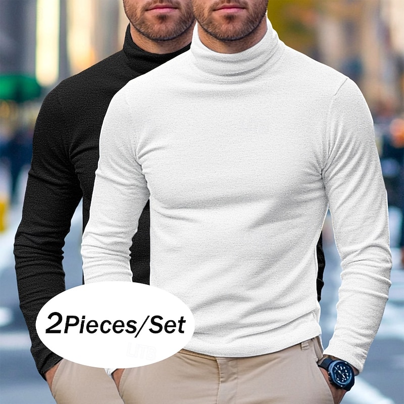 2Pcs Men's Tee Top Long Sleeve Shirt Mock Turtleneck Long Sleeve White Black Pile Neck Fall Winter Spring Fall Solid Color Plain Daily Casual Street Style 2 Piece High Neck Formal Outdoor Street
