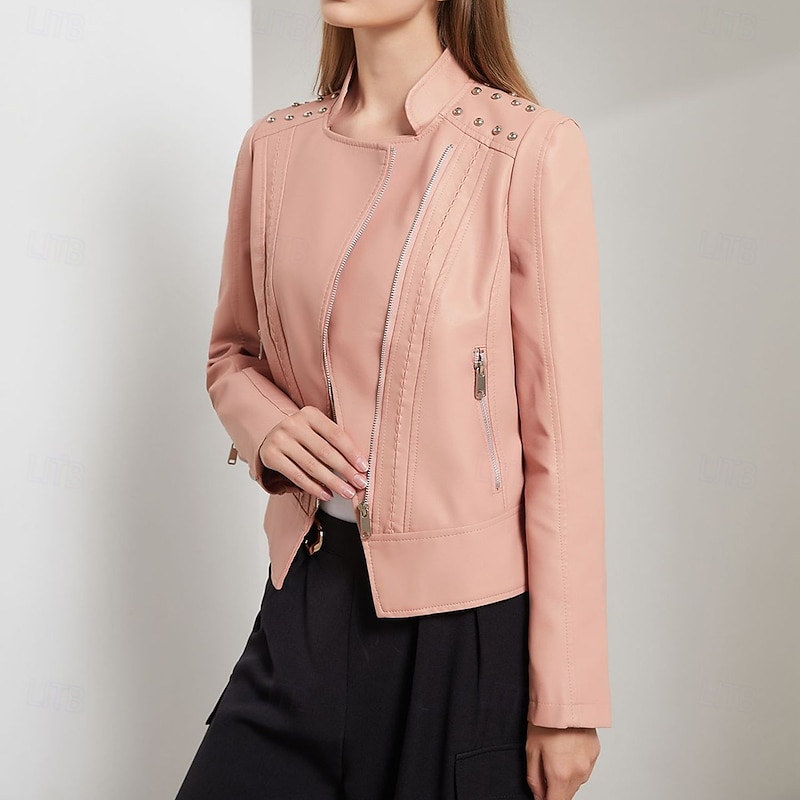 Women's Faux Leather Jacket Comfortable Pocket Full Zip Fashion Street Style Plain Outdoor Casual Daily Regular Stand Collar Regular Fit Long Sleeve Outerwear Black Pink Burgundy Spring Fall3