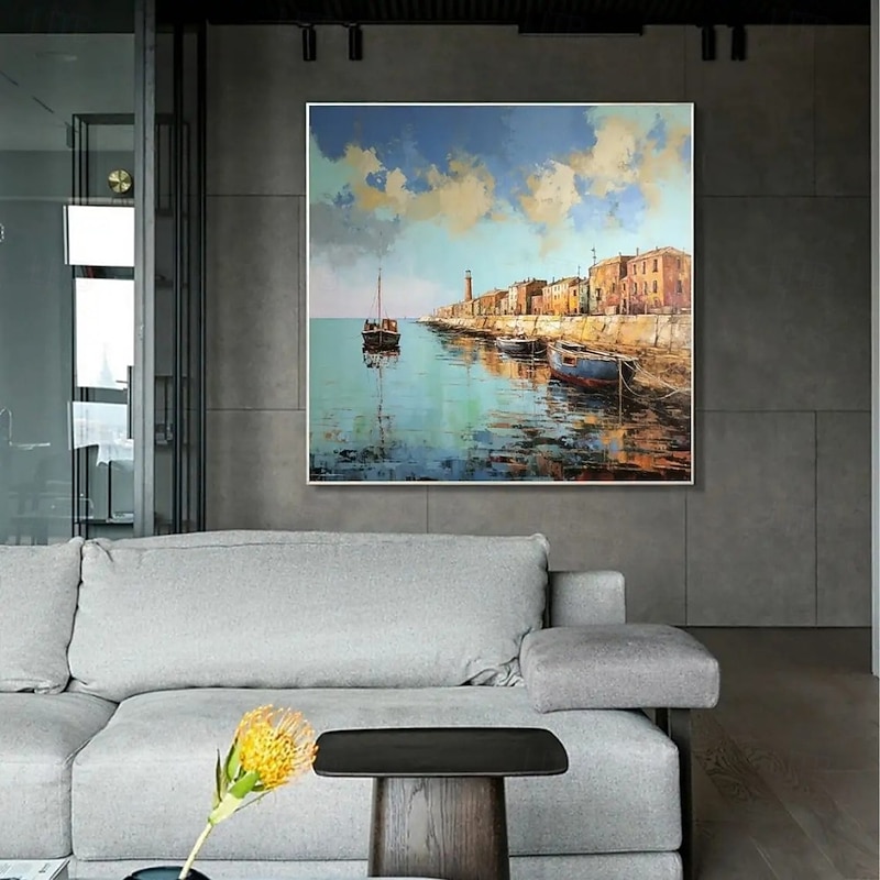 Handmade Oil Painting Canvas Wall Art Decoration Vintage Seaport Coastal Town Scenery for Home Decor Rolled Frameless Unstretched Painting3
