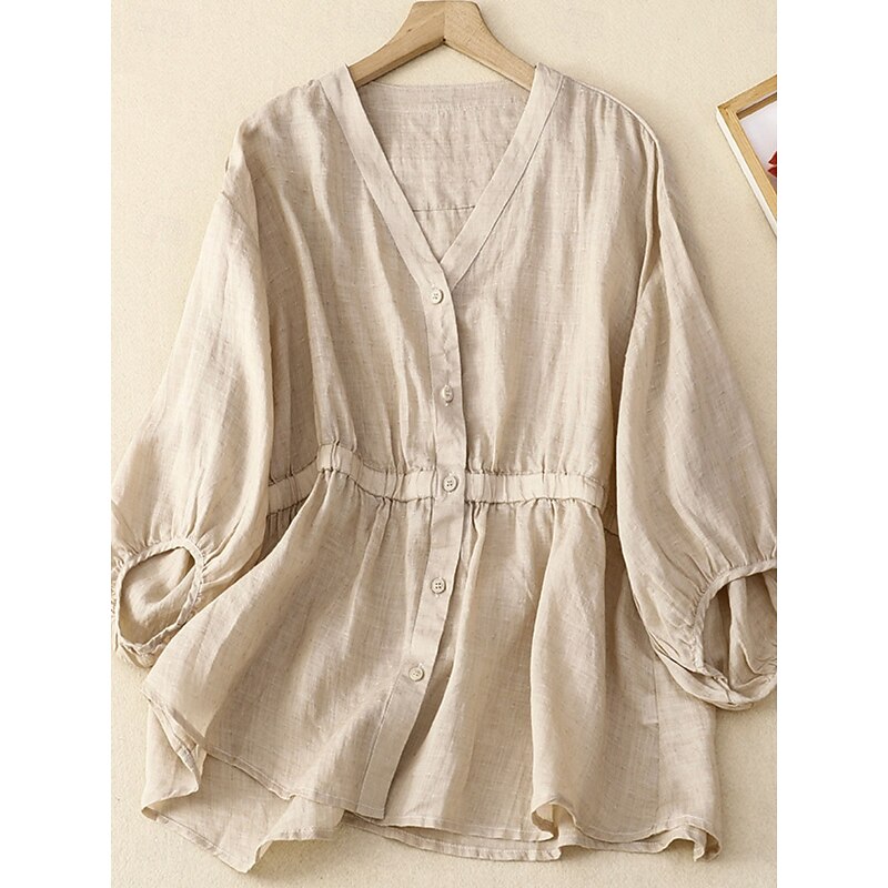 Women's Cotton Linen Shirts Solid Color Basic Casual 3/4 Length Sleeve V Neck Regular Tops Daily Buttons Blue Khaki Apricot Summer Spring4