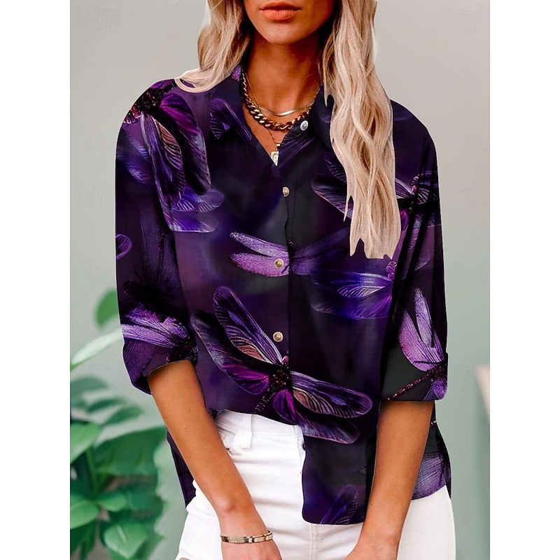 Women's Shirt Dragonfly Active Daily Stylish Long Sleeve Shirt Collar Regular Tops Daily Holiday Buttons Print Purple Summer Spring Fall