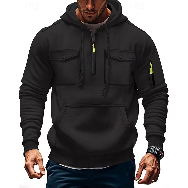 Men's Hoodie Quarter Zip Hoodie Black Army Green Navy Blue Khaki Light Grey Hooded Plain Pocket Drawstring Sports & Outdoor Daily Holiday Polyester Streetwear Basic Casual Spring Fall Clothing Apparel