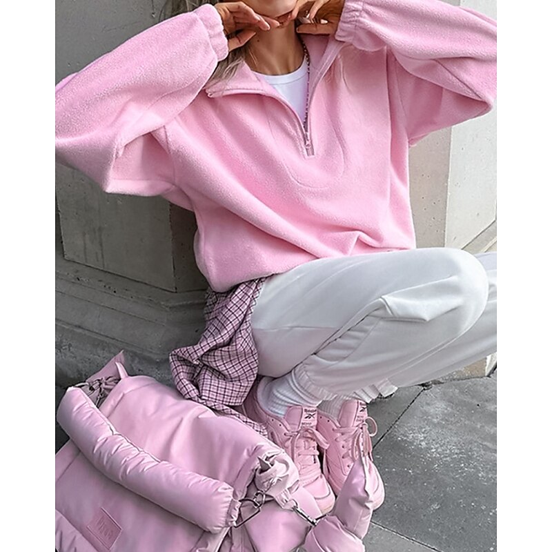 Women's Casual Jacket Warm Comfortable Zipper Casual Plain Vacation Going out Pullover Regular Turndown Regular Fit Long Sleeve Outerwear Pink Fall Winter3