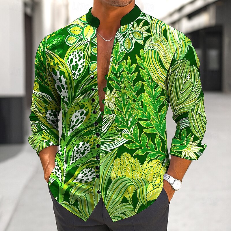 Men's Palm Leaf Tropical Plants Shirt Stand Collar Shirt Long Sleeve Hawaiian Vacation Daily Wear Going out Spring Fall Mandarin Collar Band Collar Button-Down Linen Like Shirt Black Red Blue Green4