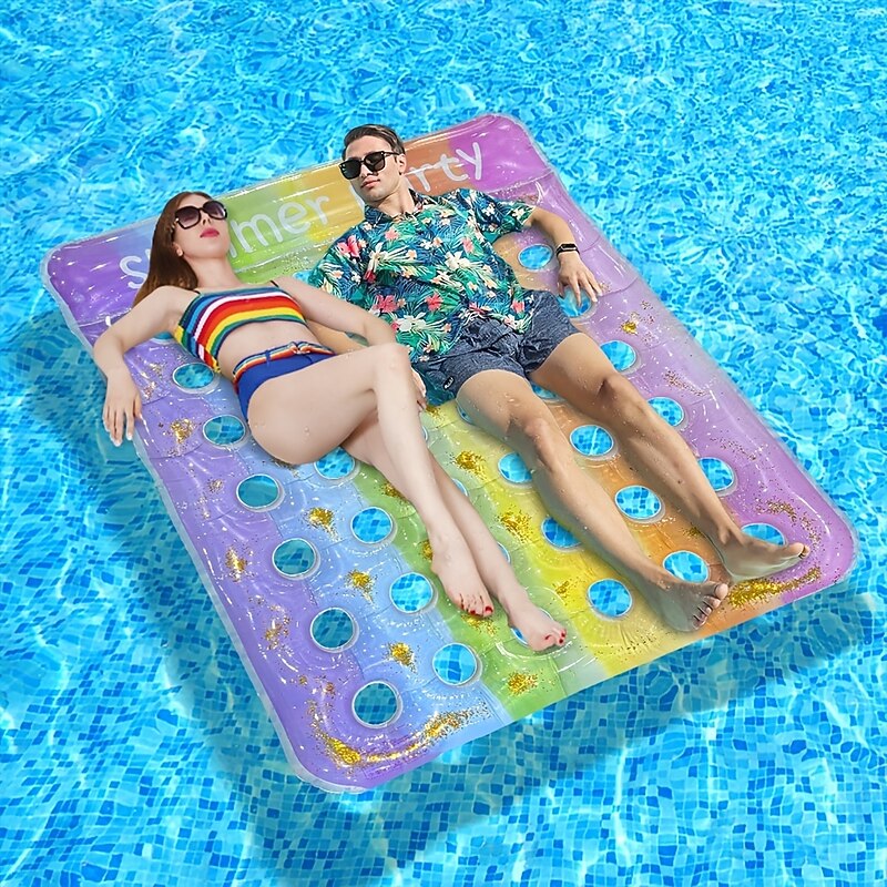 Large Inflatable Pool Lounger Adult Rainbow Color Gradient Hole Water Floating Mat Giant Pool Float Pool Beauty Black Bed Chair Large Water Floating Lounger Set Giant Floating Hammock Pad PVC