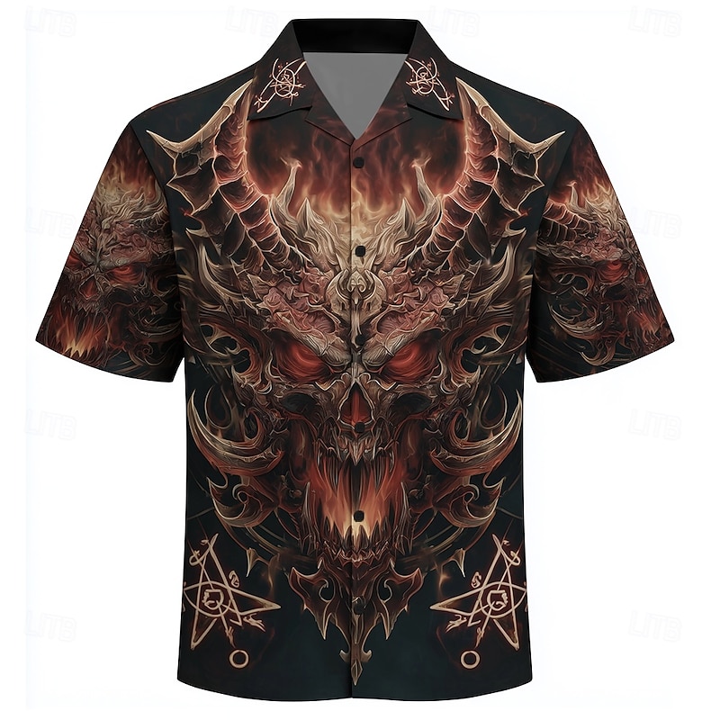 Men's Devil Flame Halloween Costumes Shirt Cuban Collar Shirt Button Up Shirt Short Sleeve Dark Punk Gothic Style Vacation Holiday Streetwear Summer Camp Collar Shirt 3D Print Black 1 Black Black 2