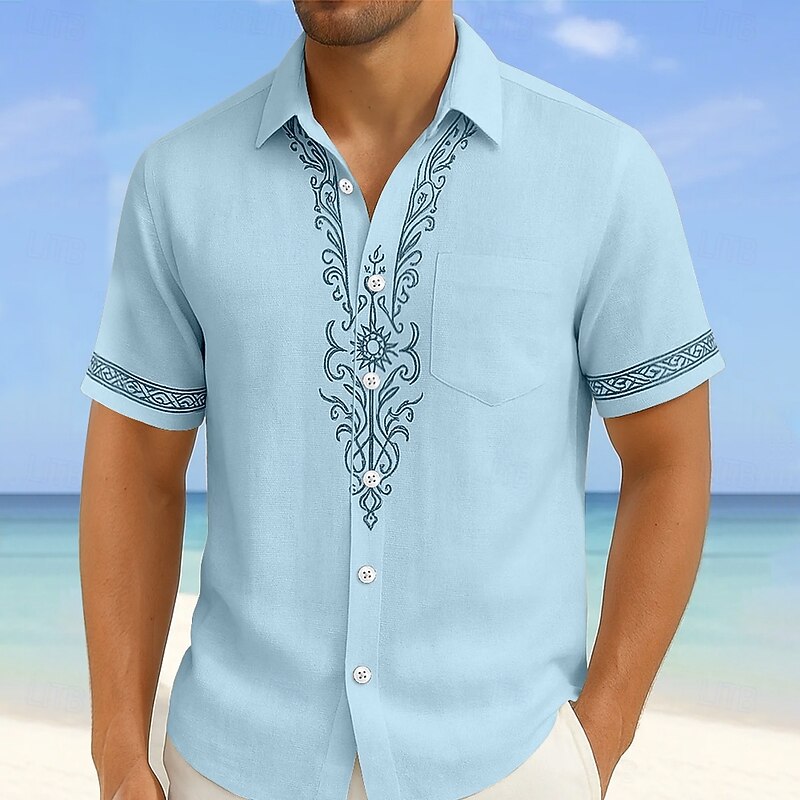 Men's Floral Print Ethnic Flowers Shirt Summer Shirt Button Up Shirt Short Sleeve Vintage Retro Vacation Holiday Streetwear Summer Turndown 3D Print Front One Pocket Linen Like Shirt Pink Blue Green