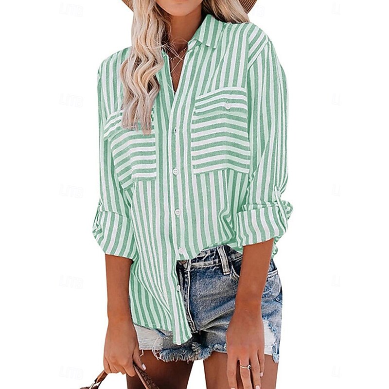 Women's Cotton Linen Shirts Striped Stylish Casual Long Sleeve Shirt Button Down Blouse Collar Regular Tops Daily Pocket Buttons Print Yellow Pink Blue Green Summer Spring Fall2