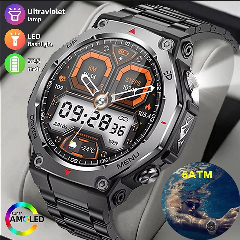 2025 New Smart Watch with Flashlight/UV Light 5ATM Waterproof Bluetooth Call Sports Smartwatch Men for Huawei Xiaomi