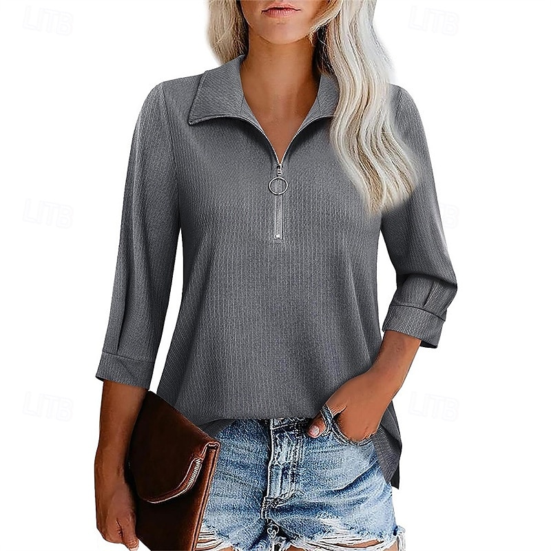Women's Texture Blouse T Shirt Plain Fashion Modern Short Sleeve Shirt Collar Regular Tops Daily Zipper Black Green Gray Summer3