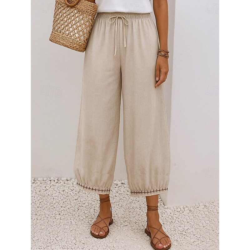 Women's Cotton Chinos Vintage Basic Full Length High Waist Plain Pocket Drawstring Comfort Outdoor Stretchy Vacation Street Causal White Yellow Khaki Beige Summer Spring Fall Loose Fit2