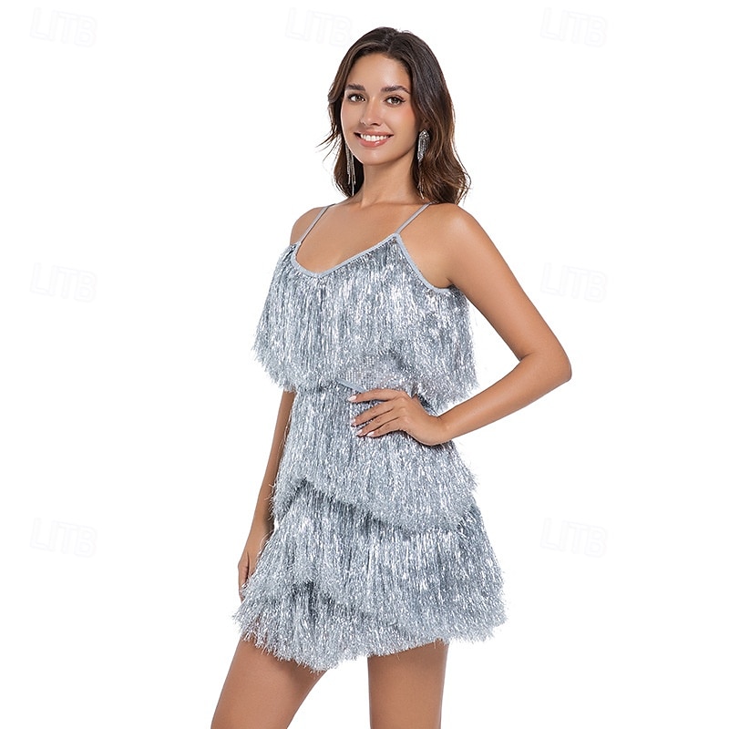 Retro Vintage Roaring 20s 1920s Mini Flapper Dress The Great Gatsby Flapper Girl Sequins Fringe V Neck Fancy Dress Women's Christmas Halloween Carnival Wedding Evening Party Masquerade Adults Dress