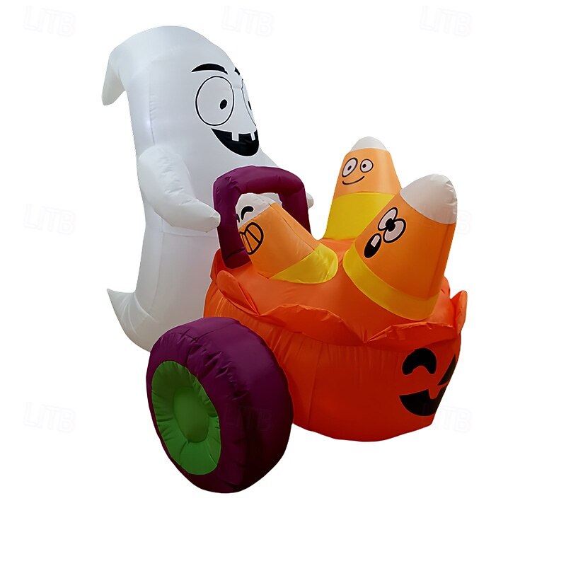5 FT Halloween Inflatable Ghost Pushing Pumpkin Carriage with Candy, Blow Up Yard Decoration with Build-in LEDs for Halloween Outdoor Party Indoor, Yard, Garden and Lawn Decor2