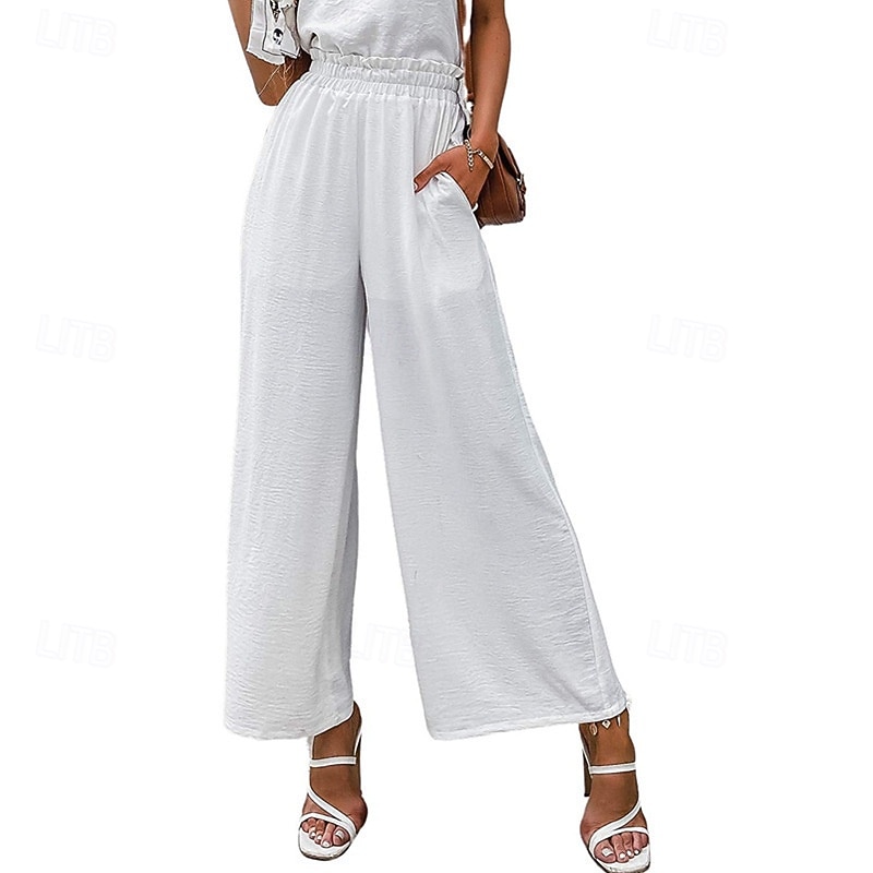 Women's Wide Leg Slacks Streetwear Casual Full Length Natural Plain Pocket Elastic Waist Comfortable Holiday Weekend Rust Spring Grass Green Black White Fall Regular Fit2