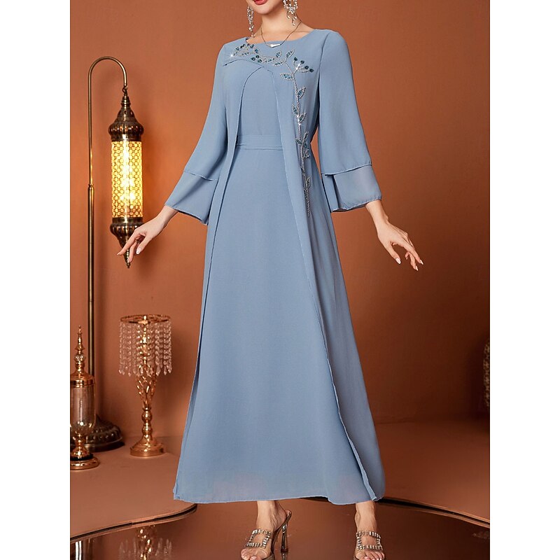 A-Line Mother of the Bride Dress Elegant V Neck Floor Length Chiffon Long Sleeve with Sash / Ribbon Crystals2