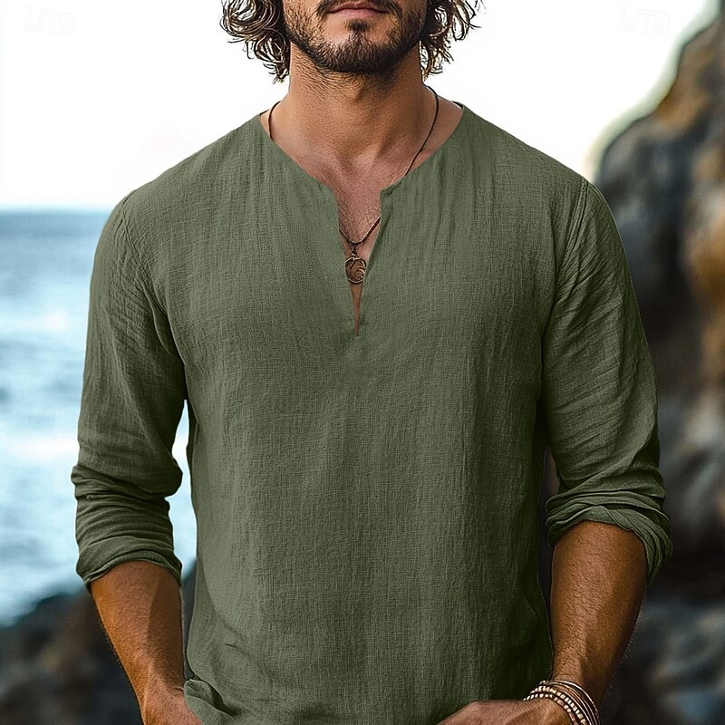 Men's Shirt Linen Shirt Summer Shirt Beach Shirt Solid Color Vacation Casual Black White Green Khaki Long Sleeve V Neck Summer Spring Clothing Apparel Basic