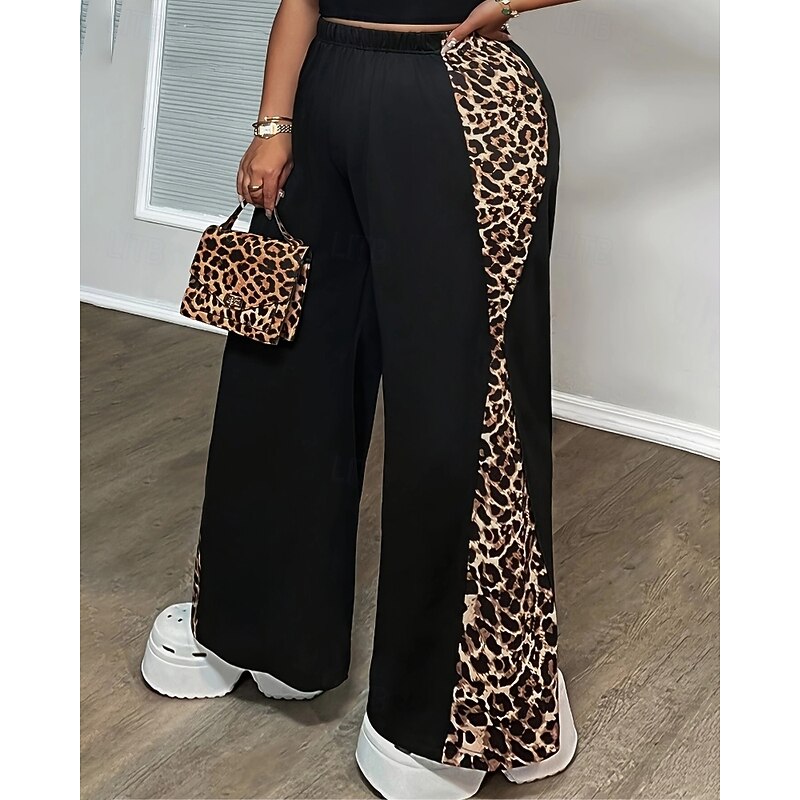 Women's Wide Leg Slacks Streetwear Casual Full Length Natural Leopard Patchwork Elastic Waist Comfortable Outdoor Vacation Going out Black Fall Regular Fit3