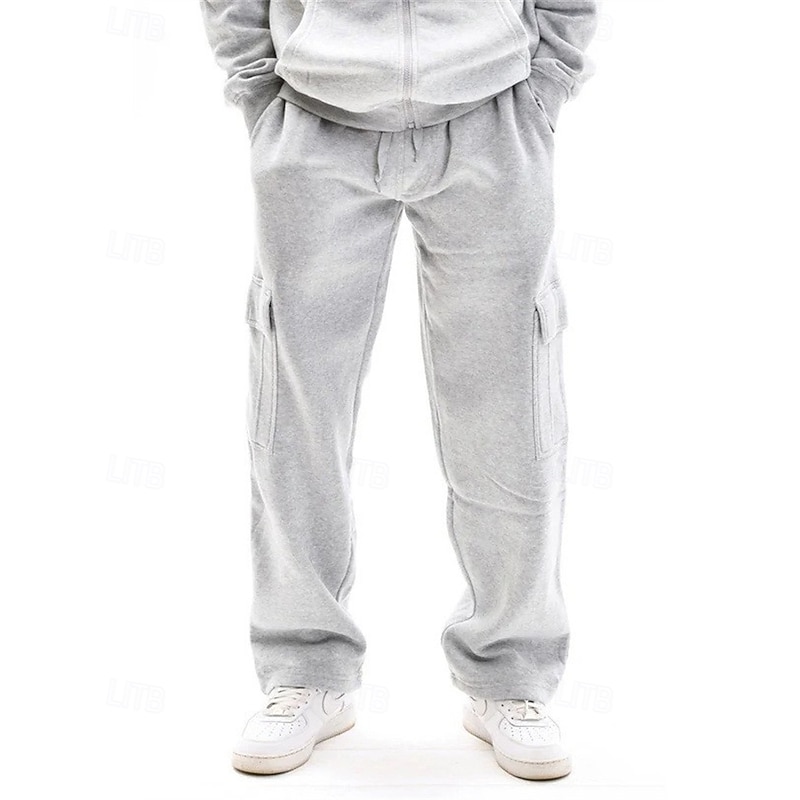 Men's Trousers Cargo Sweatpants Straight Leg Sweatpants Pocket Elastic Waist Drawstring Plain Comfort Sports Outdoor Daily Fashion Casual Black White Micro-elastic