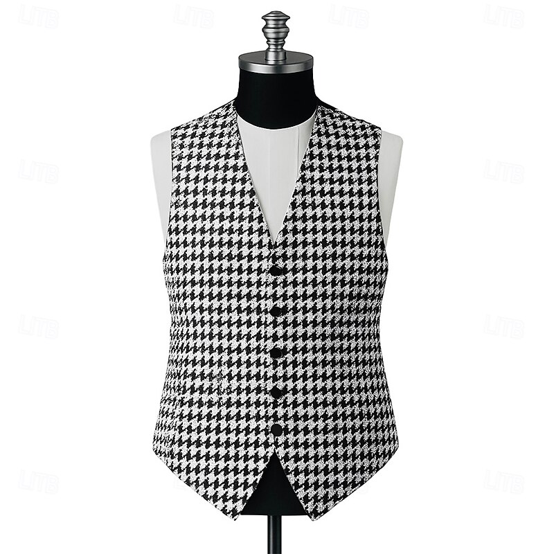 Men's Wedding Party Suits Peaked Lapel Black+White Formal Houndstooth Tailored Fit 3 Piece Single Breasted One-button2