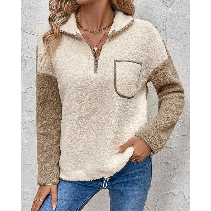 Women's Sweatshirts Zip Up Sweatshirts Color Block Streetwear Casual Sherpa Fleece Long Sleeve High Neck Regular Tops Street Holiday Going out Half Zipper Quarter Zipper Quarter Zip Khaki Winter2
