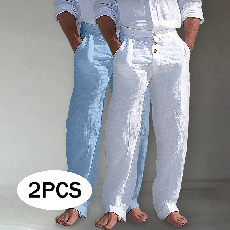 Men's Linen Pants Trousers Summer Pants Beach Pants Front Pocket Straight Leg Plain Comfort Breathable Full Length Outdoor Business Daily Vacation Fashion White+khaki Khaki+Black Inelastic