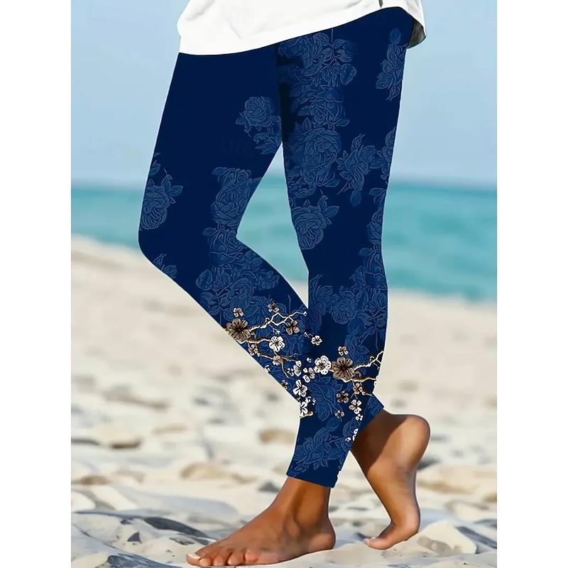 Women's Leggings Vacation Vintage Fashion Ankle-Length High Waist Floral Graphic Paisley Printing Soft Breathable High Elasticity Outdoor Daily Navy Light Blue Spring Fall Winter Slim Fit4