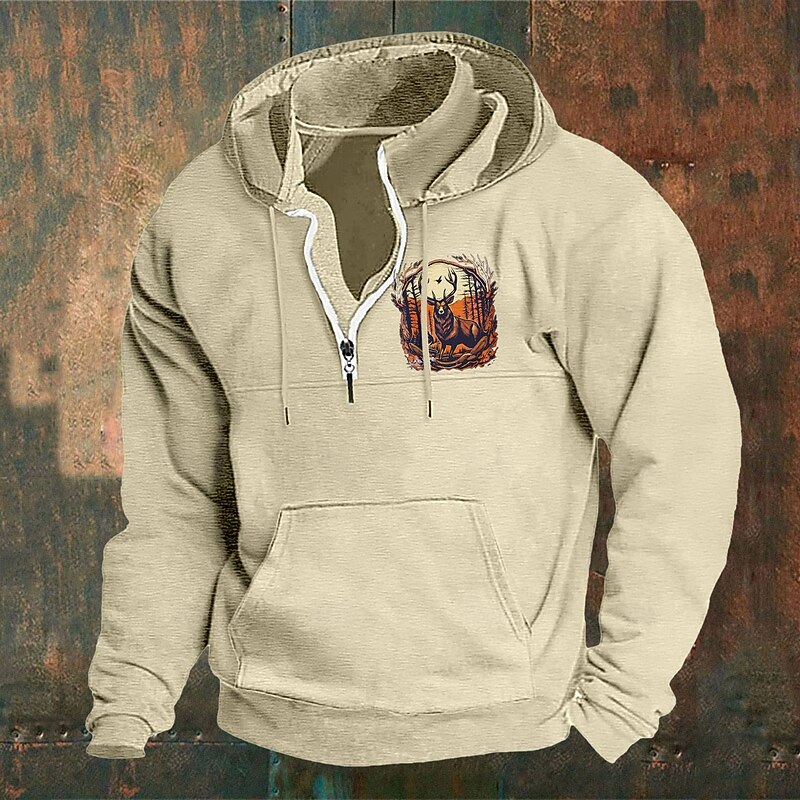 Men's Hoodie Wine Navy Blue Green Khaki Light Grey Hooded Elk Front Pocket Quarter Zip Daily Holiday Going out Polyester Streetwear Casual Bavarian Fall Winter Clothing Apparel Hoodies Sweatshirts