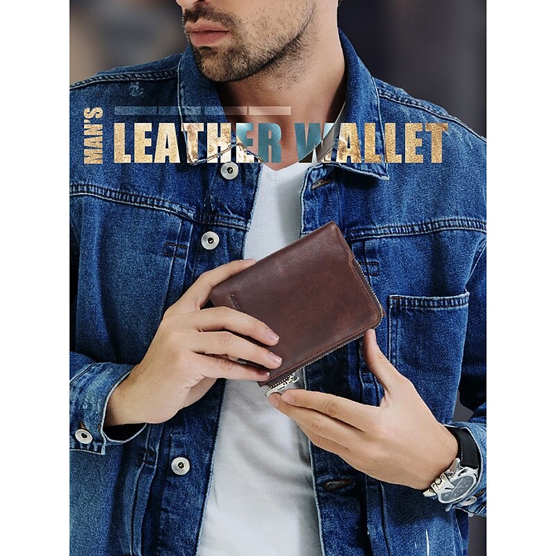 Men's RFID Blocking Cowhide Leather Bifold Wallet with Zipper Coin Pocket – Vintage Slim Card Holder for Daily and Business Use2