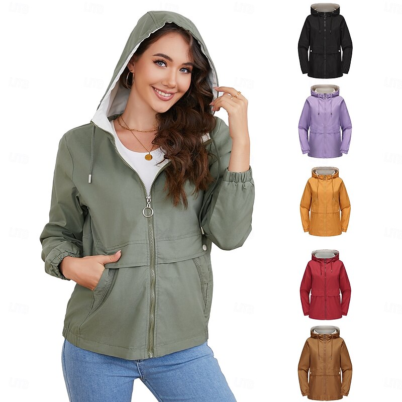 Women's Trench Coat Hoodie Jacket Comfortable Breathable Zipper Pocket Casual Plain Vacation Street Daily Wear Going out Zipper Regular Hoodie Regular Fit Long Sleeve Outerwear Black Yellow Wine