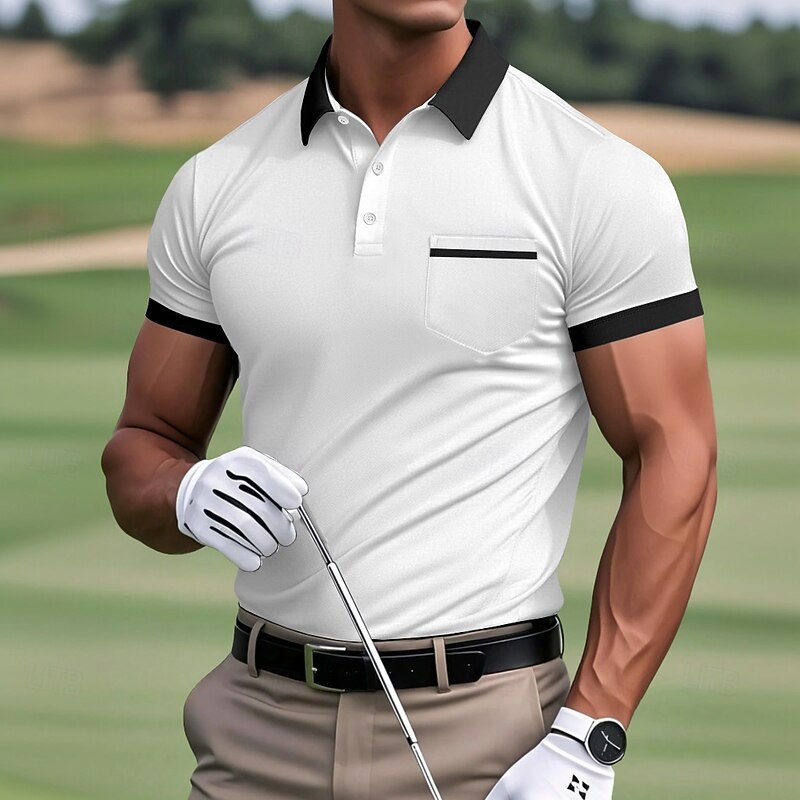 Men's Golf Shirt Pique Polo Shirt Work Casual Lapel Ribbed Polo Collar Short Sleeve Basic Modern Color Block Pocket Summer Regular Fit White Light Blue Burgundy Navy Blue Grey Golf Shirt