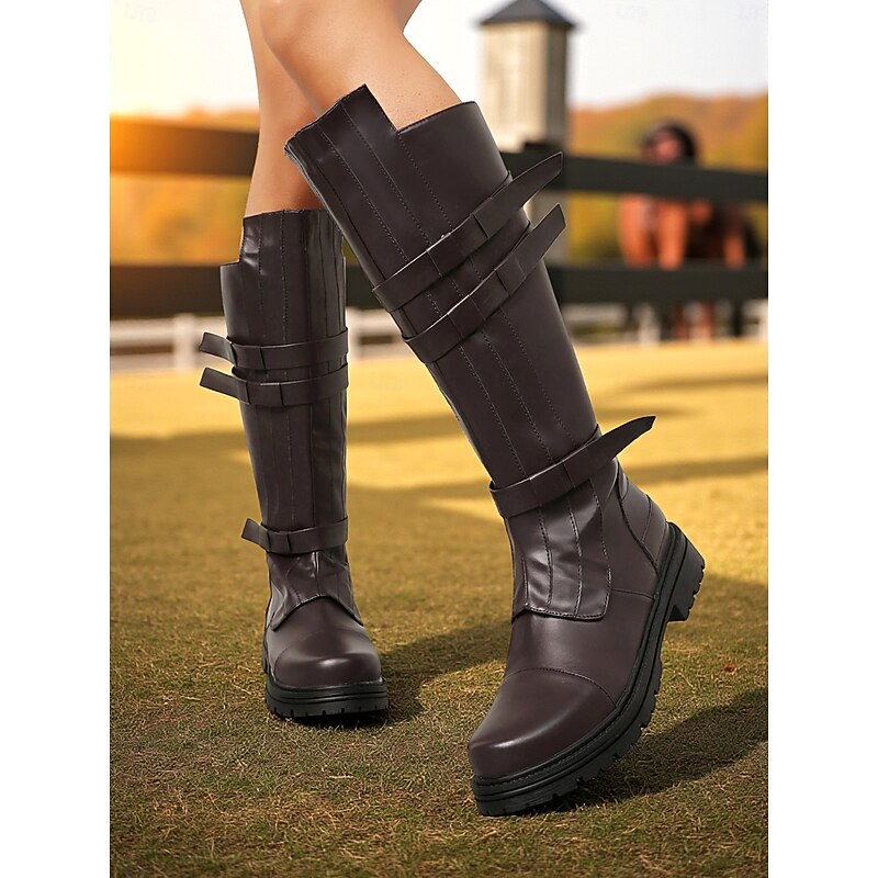 Women's Brown Knee-High Riding Boots – Faux Leather Buckled Equestrian Combat Style for Fall Outdoor Adventures and Medieval-Inspired Cosplay3