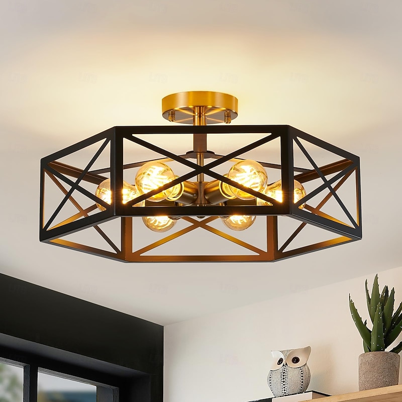 Black Flush Mount Ceiling Light, Modern Farmhouse Light Fixtures with Metal Hexagon Cage,Industrial Close to Ceiling Lamp for Kitchen Hallway Bathroom Closet,3 Light2