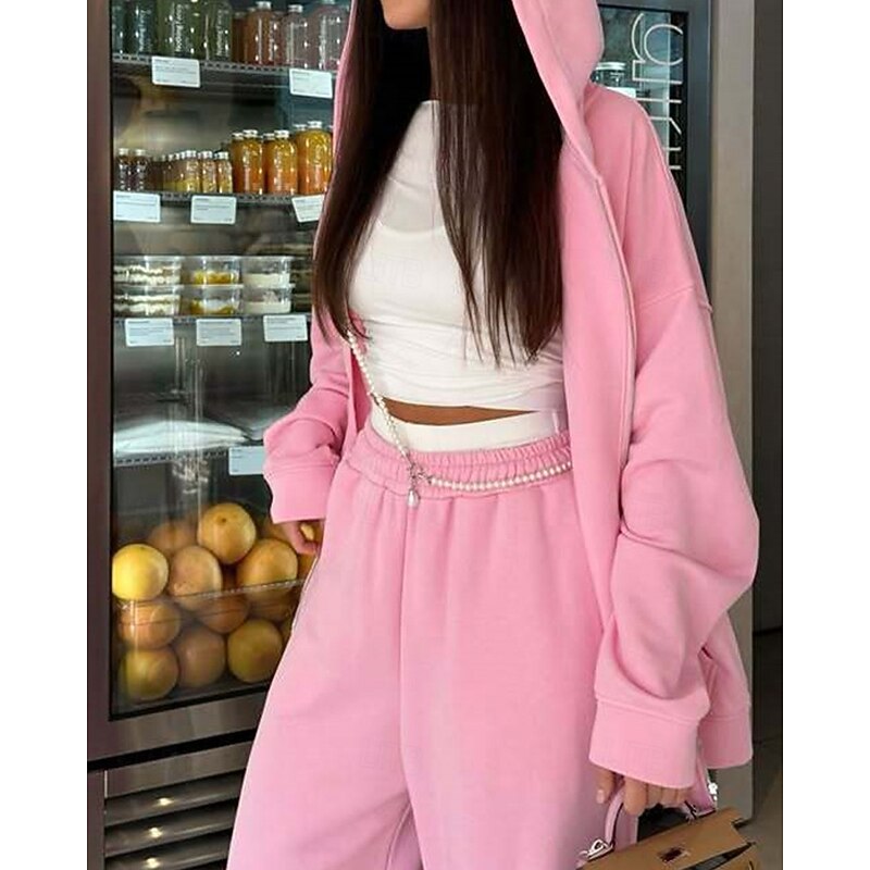 Women's Fashion Streetwear Tracksuit Pants Sets Long Sleeve Hooded Plain Zipper Daily Wear Date Pink Burgundy Beige Spring &  Fall Regular Fit2