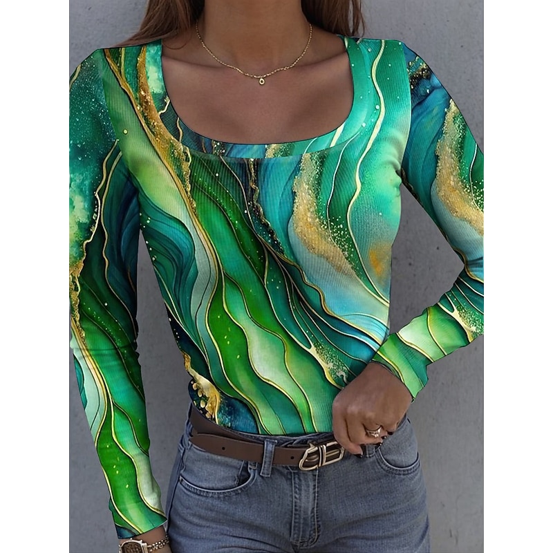 Women's T shirt Long Sleeve Ribbed Graphic Square Neck Long Sleeve Casual Ombre Abstract Regular Tops Daily Print Red Blue Green Rainbow Light Blue Spring Fall Prefall