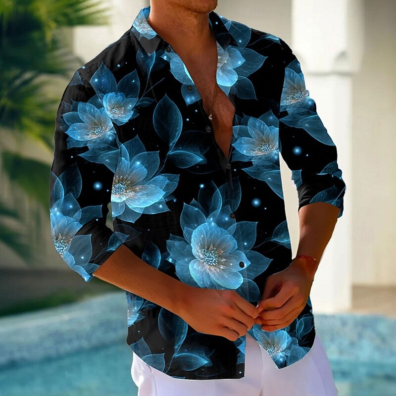 Men's Floral Print Neon Glow Flowers Shirt Button Up Shirt Long Sleeve Fashion Casual Holiday Streetwear Summer Spring Turndown 3D Print Collared Shirts Light Green Blue Purple Green