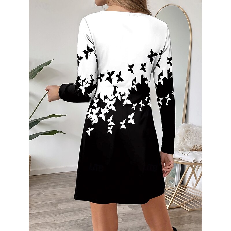 Women's Mini Dress Crew Neck Long Sleeve T Shirt Dress Tee Dress A Line Dress Casual Daily Regular Fit Graphic Butterfly White Pink Blue Purple Fall Winter2